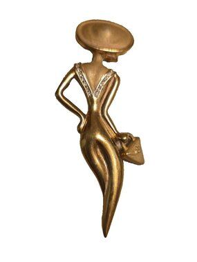 Lady with Hat and Purse Brooch Pin Signed FEB 04 LP Gold-tone Vintage